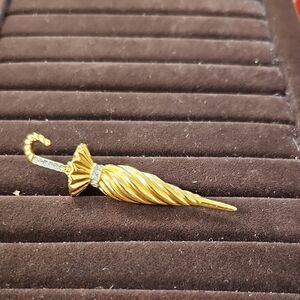 Vintage Gold Tone Rhinestone Umbrella Brooch Pin